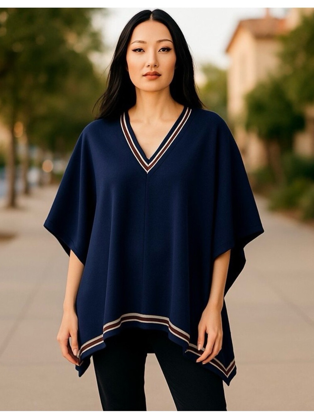 House of Harlow 1960 Navy V-Neck Stripe-Trim Poncho